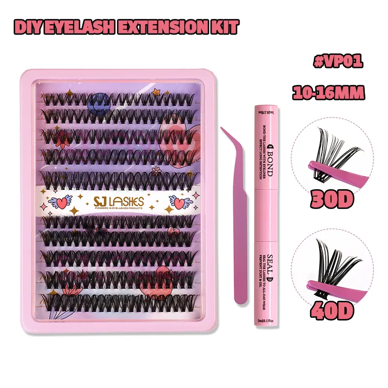 DIY Cluster Lash Extension Kit – 140PCS (2 Styles) Segmented Lash Clusters + Bond & Seal + Tweezers | Pink Clear-Window Case Edition