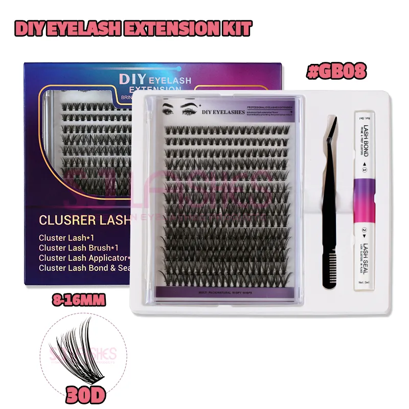 SJ LASHES DIY Eyelash Extension Kit: 30D Natural Wispy Clusters (8–16mm) with Bond & Sealant, Applicator and Lash Brush #GB08