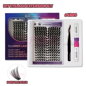 SJ LASHES DIY Eyelash Extension Kit: Foxy Eye Style 14-Pair Cluster Lashes with Bond & Sealant, Applicator & Lash Brush #GB09