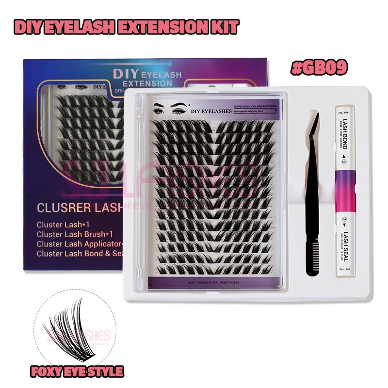 SJ LASHES DIY Eyelash Extension Kit: Foxy Eye Style 14-Pair Cluster Lashes with Bond & Sealant, Applicator & Lash Brush #GB09