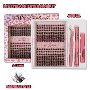 SJ LASHES DIY Eyelash Extension Kit: Manga Style 168-Cluster Lashes (9–15mm) with Bond & Sealant, Remover and Applicator #GB11