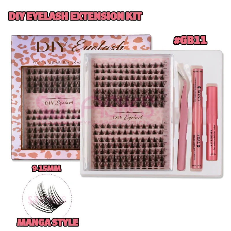 SJ LASHES DIY Eyelash Extension Kit: Manga Style 168-Cluster Lashes (9–15mm) with Bond & Sealant, Remover and Applicator #GB11