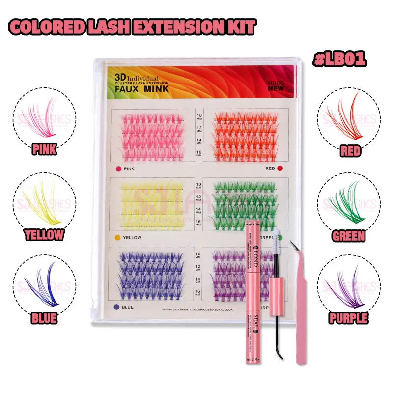 SJ LASHES DIY Colored Cluster Lash Kit: 240 Pcs Rainbow 6-Color Mix with Bond, Seal and Tweezer #LB01
