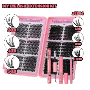 SJ LASHES DIY Cluster Lash Kit: 30 Pairs 6-Style Mix (30D-100D) with Bond, Seal, Remover and Tweezer #LB04