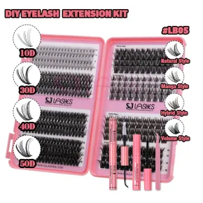 SJ LASHES DIY Cluster Lash Kit: 492 Pcs 8-Style Mixed Collection (Natural, Manga, Hybrid, Volume) with Bond, Seal, Remover and Tweezer #LB05