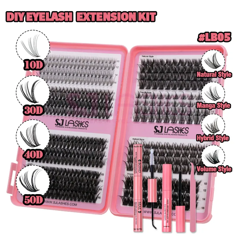 SJ LASHES DIY Cluster Lash Kit: 492 Pcs 8-Style Mixed Collection (Natural, Manga, Hybrid, Volume) with Bond, Seal, Remover and Tweezer #LB05