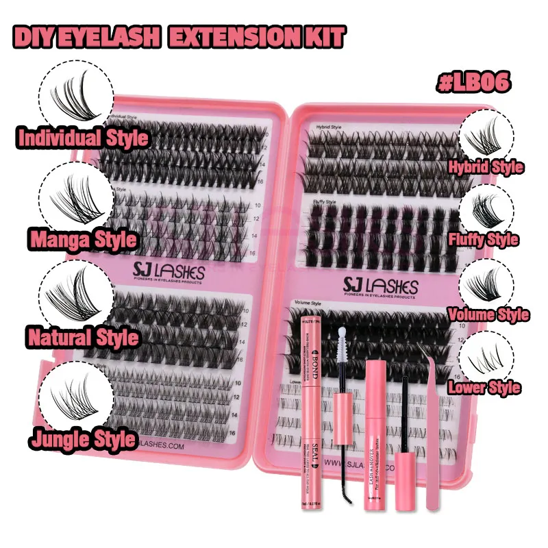 SJ LASHES DIY Cluster Lash Kit: 384 Pcs 12-Style Master Collection (Manga, Jungle, Fluffy & Lower Lashes) with Bond, Seal, Remover and Tweezer #LB06