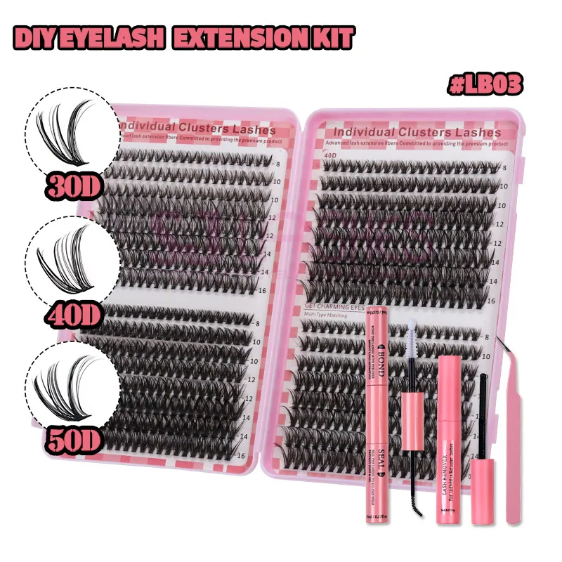 SJ LASHES DIY Cluster Lash Kit: 640 Pcs Mega Value 3-Style Mix (30D/40D/50D) with Bond, Seal, Remover and Tweezer #LB03