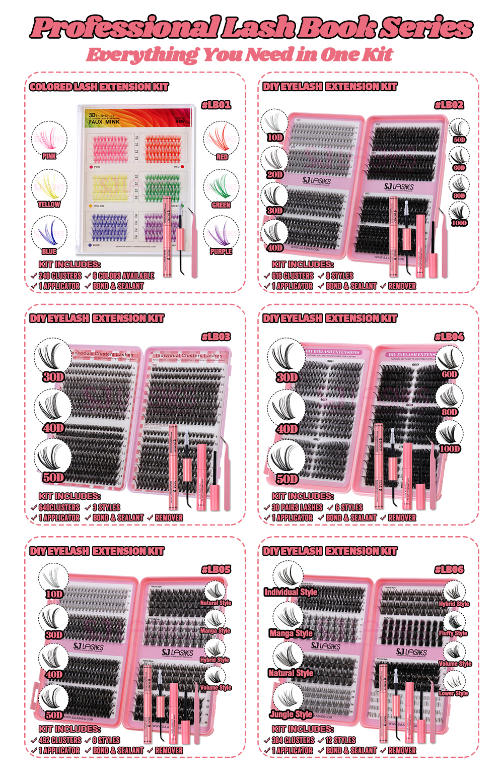 SJ LASHES DIY Cluster Lash Kit: 492 Pcs 8-Style Mixed Collection (Natural, Manga, Hybrid, Volume) with Bond, Seal, Remover and Tweezer SJ LASHES DIY Cluster Lash Kit: 492 Pcs 8-Style Mixed Collection (Natural, Manga, Hybrid, Volume) with Bond, Seal, Remover and Tweezer