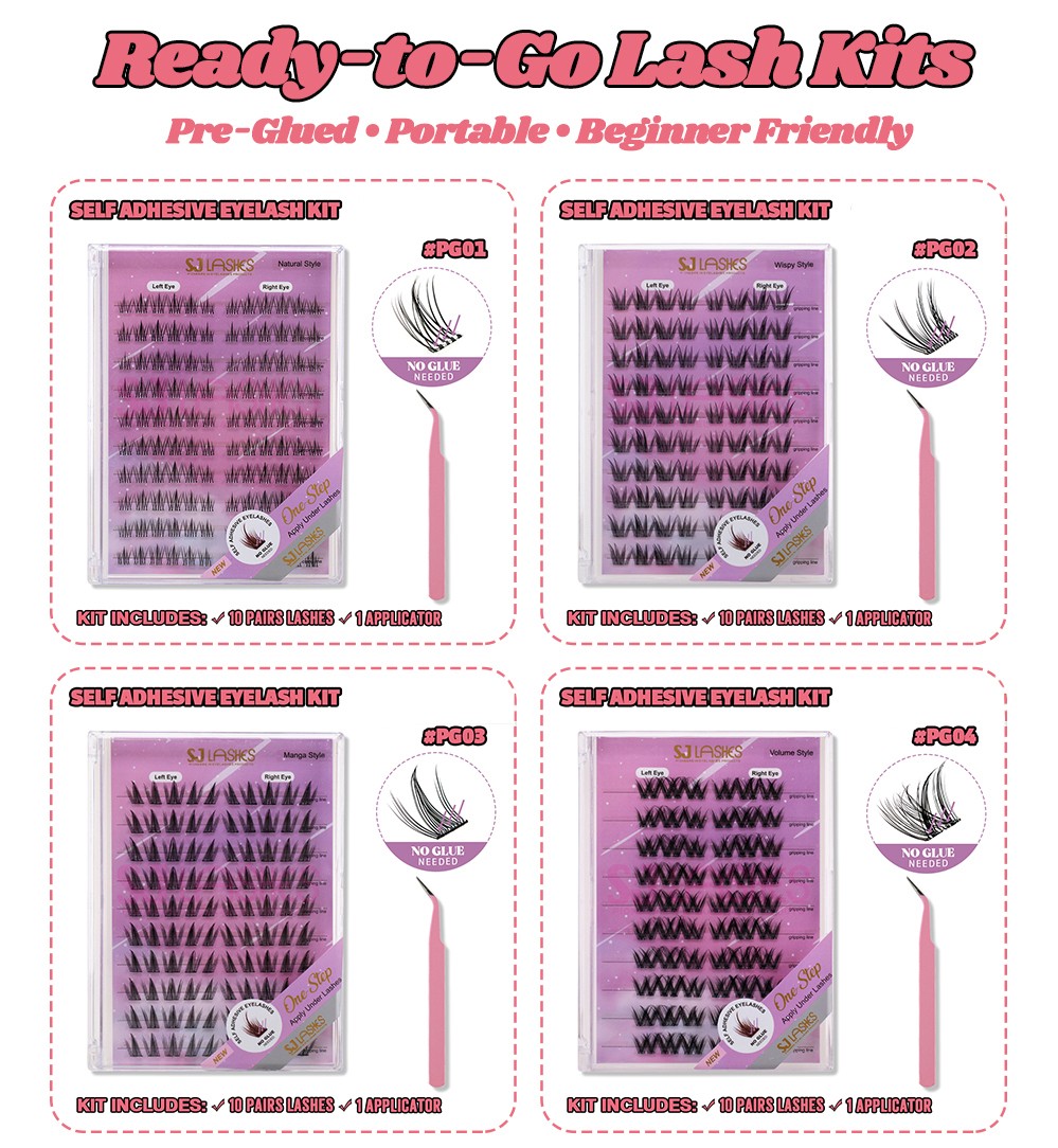 SJ LASHES DIY Self-Adhesive Lash Kit: 10-Pair Fairy Wet Look Pre-Glued Clusters with Tweezer