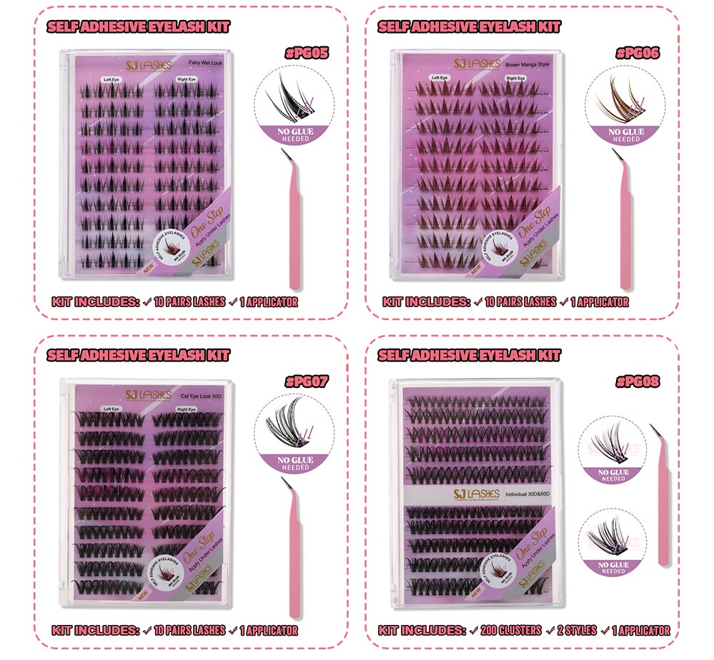 SJ LASHES DIY Self-Adhesive Lash Kit: 10-Pair Fairy Wet Look Pre-Glued Clusters with Tweezer