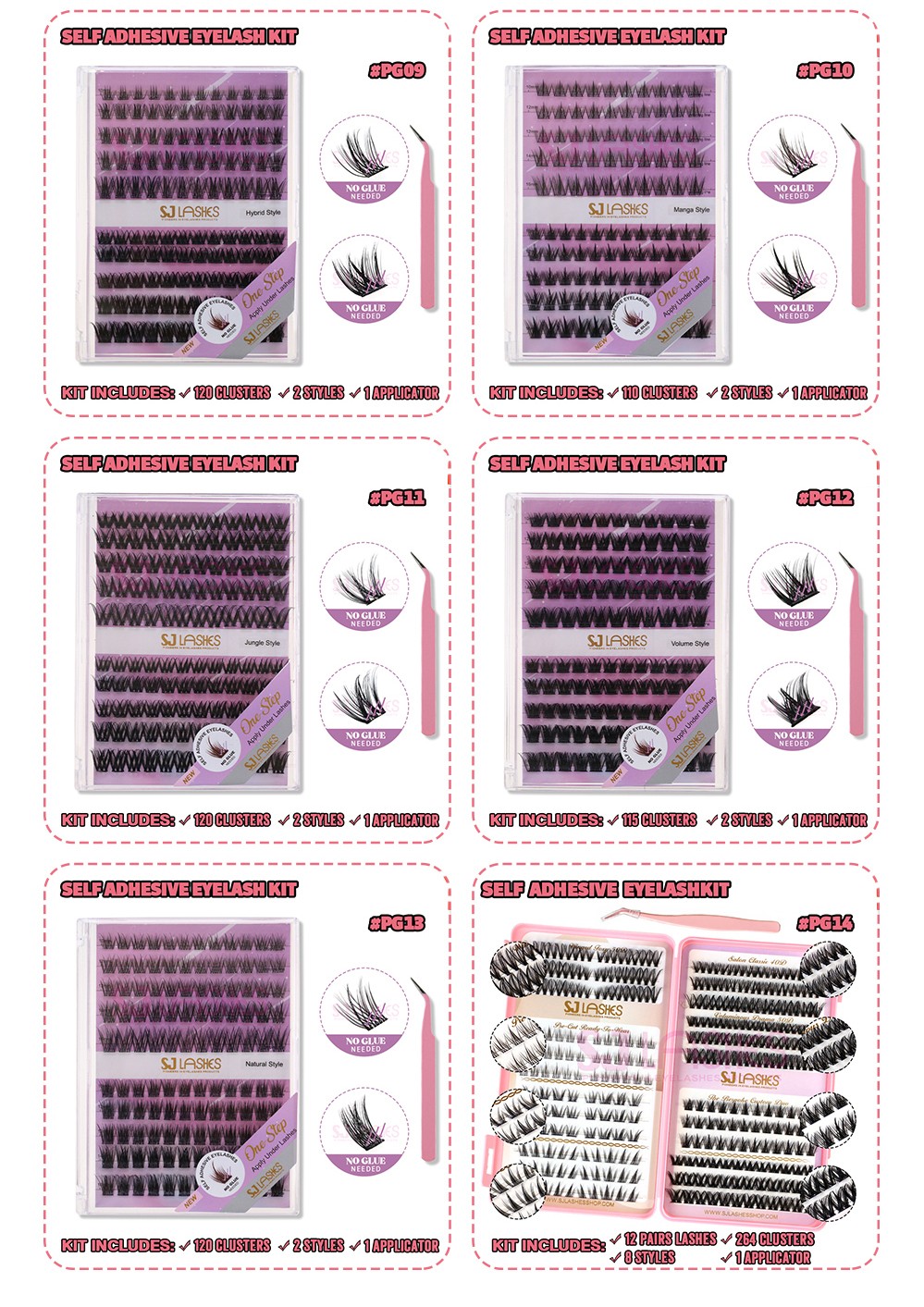 SJ LASHES DIY Self-Adhesive Lash Kit: 10-Pair Fairy Wet Look Pre-Glued Clusters with Tweezer