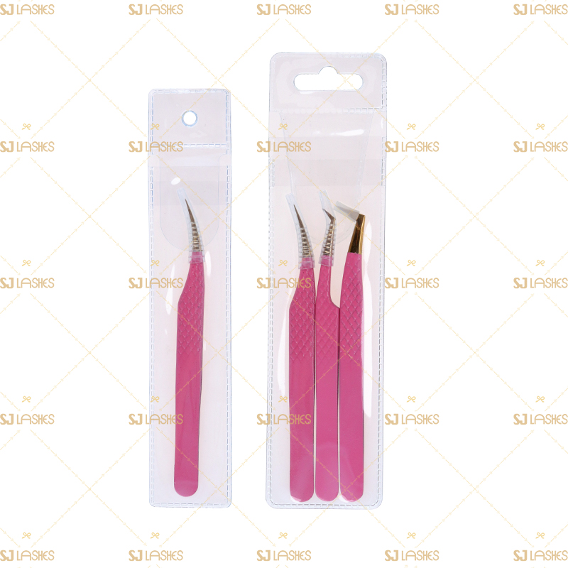 3pcs Classic Pink Eyelash Extension Tweezers Set