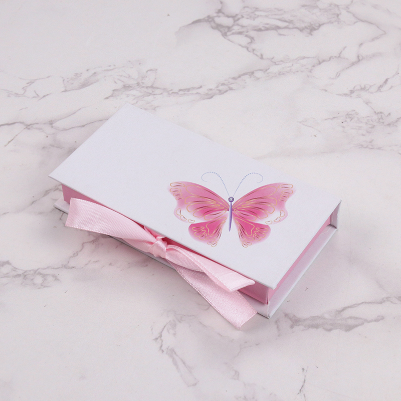 Pink Butterfly Cardboard Eyelash Case with Pink Ribbon and Gold Hanging Chain #SCTL01