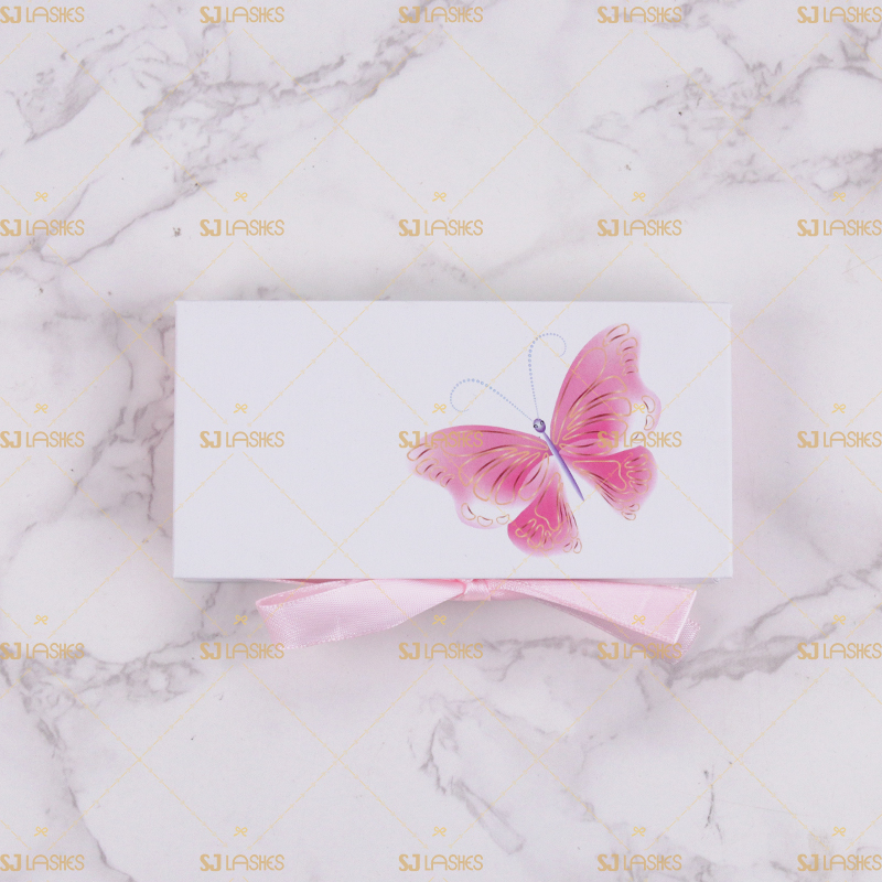 Pink Butterfly Cardboard Eyelash Case with Pink Ribbon and Gold Hanging Chain #SCTL01