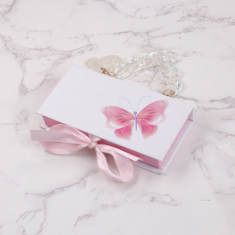 Pink Butterfly Cardboard Eyelash Case with Pink Ribbon and Gold Hanging Chain #SCTL02
