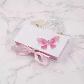Pink Butterfly Cardboard Eyelash Case with Pink Ribbon and Gold Hanging Chain #SCTL02
