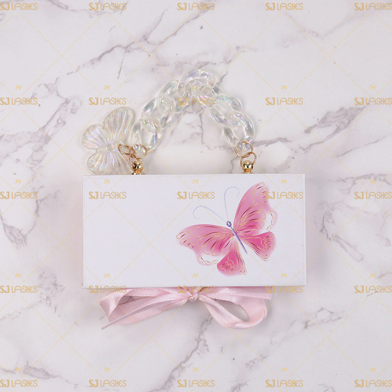Pink Butterfly Cardboard Eyelash Case with Pink Ribbon and Gold Hanging Chain #SCTL02