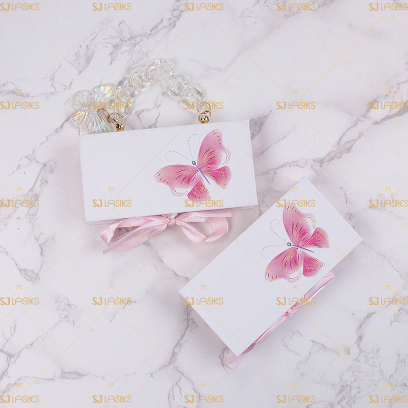 Pink Butterfly Cardboard Eyelash Case with Pink Ribbon and Gold Hanging Chain #SCTL02