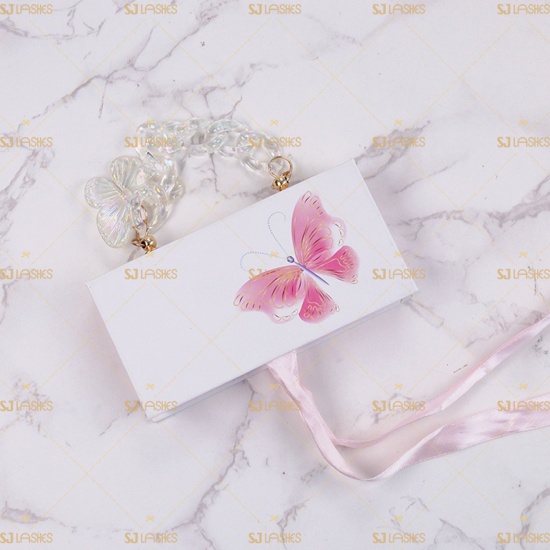 Pink Butterfly Cardboard Eyelash Case with Pink Ribbon and Gold Hanging Chain #SCTL02