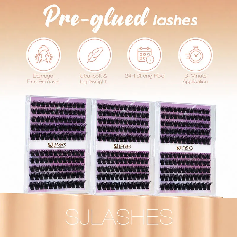 Pre-Glued Wide-Base Cluster Lashes with Shaped Adhesive Band Glueless Press On Lashes