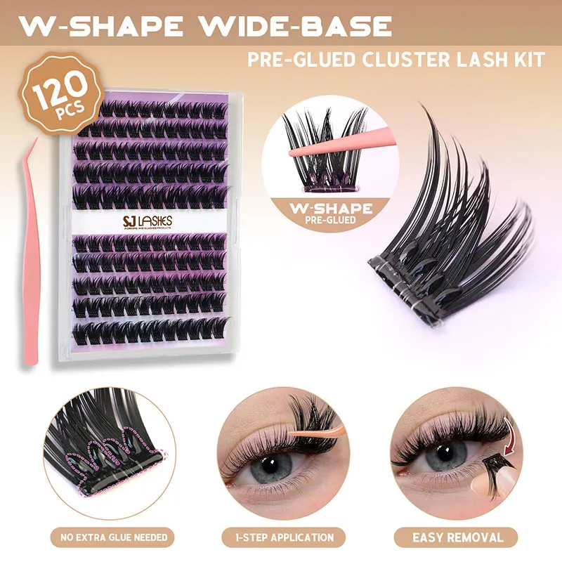 Pre-Glued Wide-Base Cluster Lashes with Shaped Adhesive Band Glueless Press On Lashes
