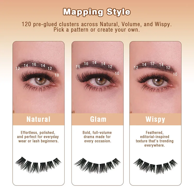 Pre-Glued Wide-Base Cluster Lashes with Shaped Adhesive Band Glueless Press On Lashes