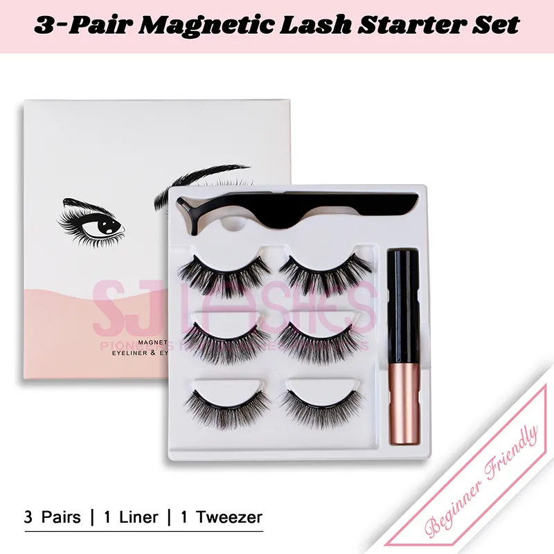 SJ LASHES 3-Pair Magnetic Lash Starter Set: Natural to Glam Styles with Magnetic Eyeliner and Tweezer - Classic White Edition