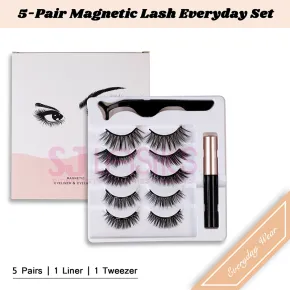SJ LASHES 5-Pair Magnetic Lash Everyday Set: Mixed Natural & Volume Styles with Magnetic Eyeliner and Tweezer - Classic White Edition