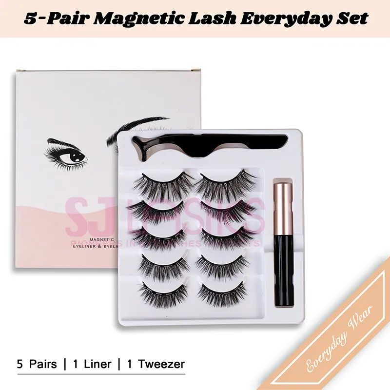 SJ LASHES 5-Pair Magnetic Lash Everyday Set: Mixed Natural & Volume Styles with Magnetic Eyeliner and Tweezer - Classic White Edition