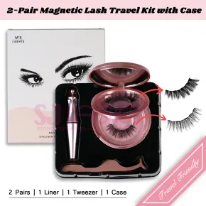 SJ LASHES 2-Pair Magnetic Lash Travel Kit: Natural & Volume Styles with Mirror Compact and Eyeliner - Rose Gold Travel Edition