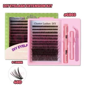 SJ LASHES DIY Cluster Lash Kit: 12-Row 40D Heat-Bonded Volume Clusters with Bond, Seal, Remover and Tweezer - Green & Pink Pattern Edition