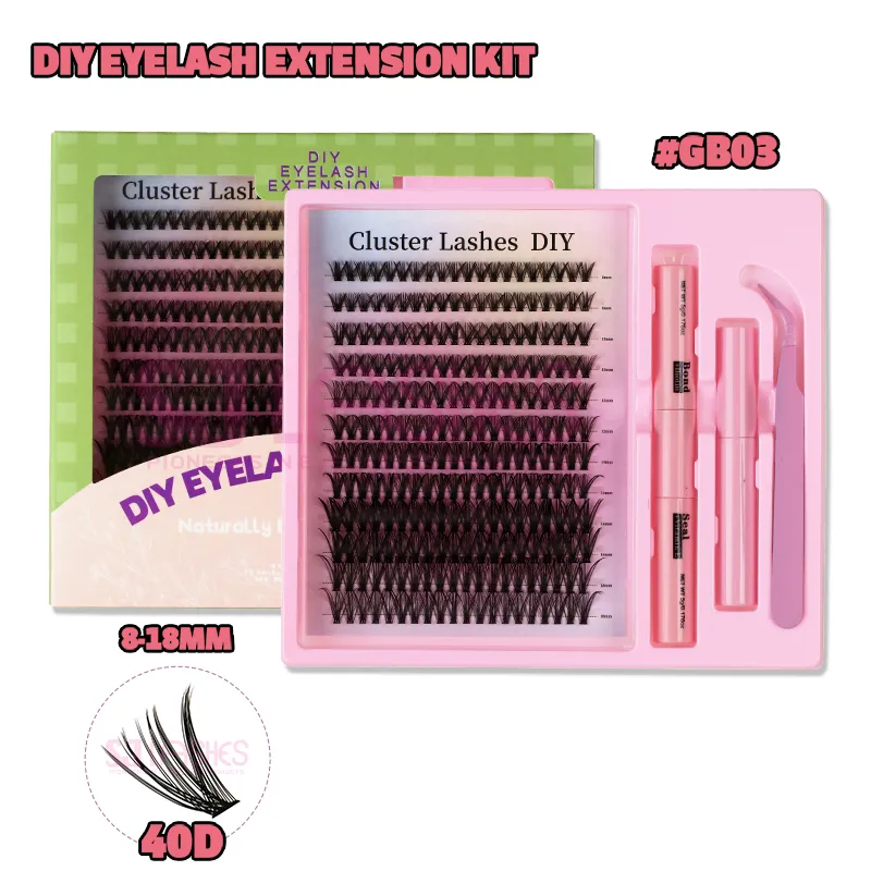 SJ LASHES DIY Cluster Lash Kit: 12-Row 40D Heat-Bonded Volume Clusters with Bond, Seal, Remover and Tweezer - Green & Pink Pattern Edition
