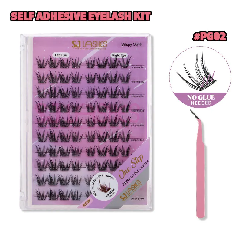 SJ LASHES DIY Self-Adhesive Lash Kit: 10-Pair Wispy Style Pre-Glued Clusters with Tweezer #PG02
