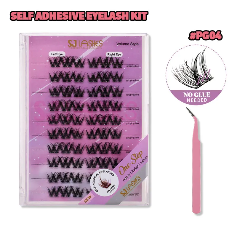 SJ LASHES DIY Self-Adhesive Lash Kit: 10-Pair Volume Style Pre-Glued Clusters with Tweezer #PG04
