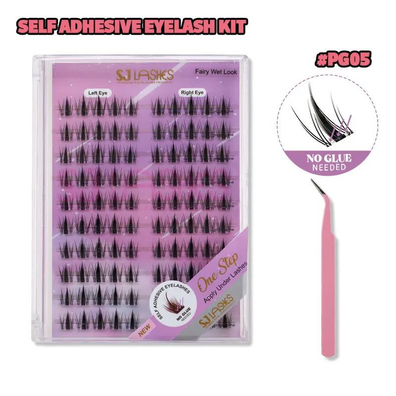 SJ LASHES DIY Self-Adhesive Lash Kit: 10-Pair Fairy Wet Look Pre-Glued Clusters with Tweezer #PG05