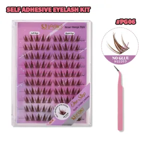 SJ LASHES DIY Self-Adhesive Lash Kit: 10-Pair Soft Brown Manga Style Pre-Glued Clusters with Tweezer #PG06