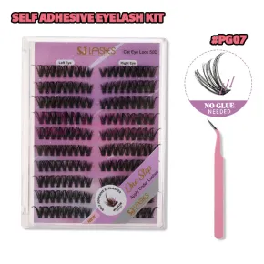 SJ LASHES DIY Self-Adhesive Lash Kit: 10-Pair 50D Cat Eye Look Pre-Glued Clusters with Tweezer #PG07