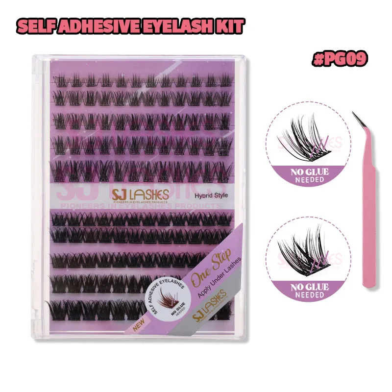 SJ LASHES DIY Self-Adhesive Lash Kit: 120 Pcs Hybrid Style Pre-Glued Clusters with Tweezer #PG09