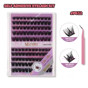 SJ LASHES DIY Self-Adhesive Lash Kit: 115 Pcs Volume Style (2-Style Mix) Pre-Glued Clusters with Tweezer #PG12