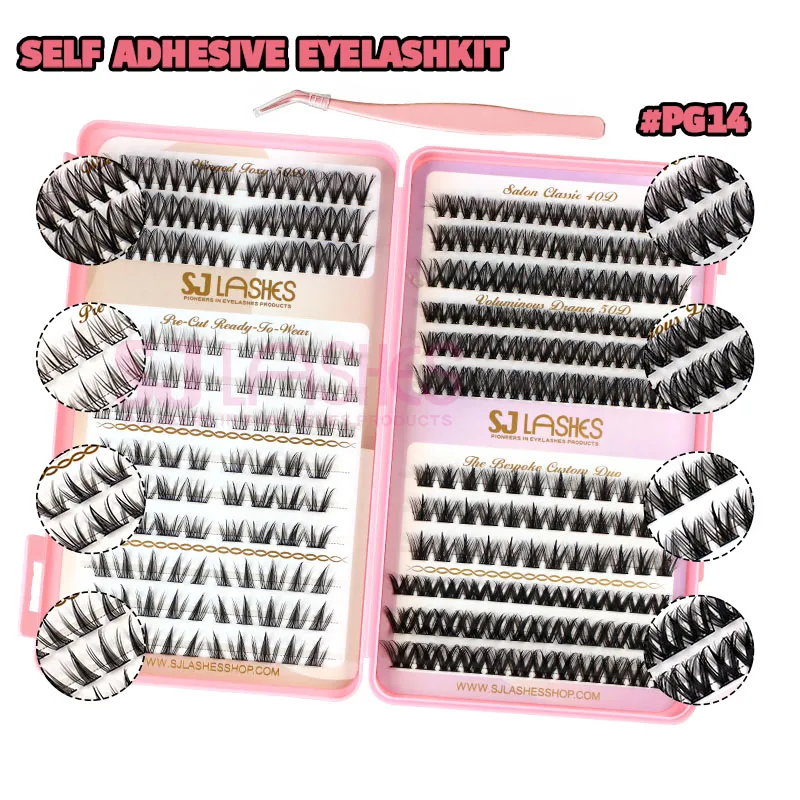 SJ LASHES DIY Self-Adhesive Lash Kit: 264 Pcs 8-Style Mixed Collection (40D/50D) with Tweezer - Signature Pink Mega Box #PG14
